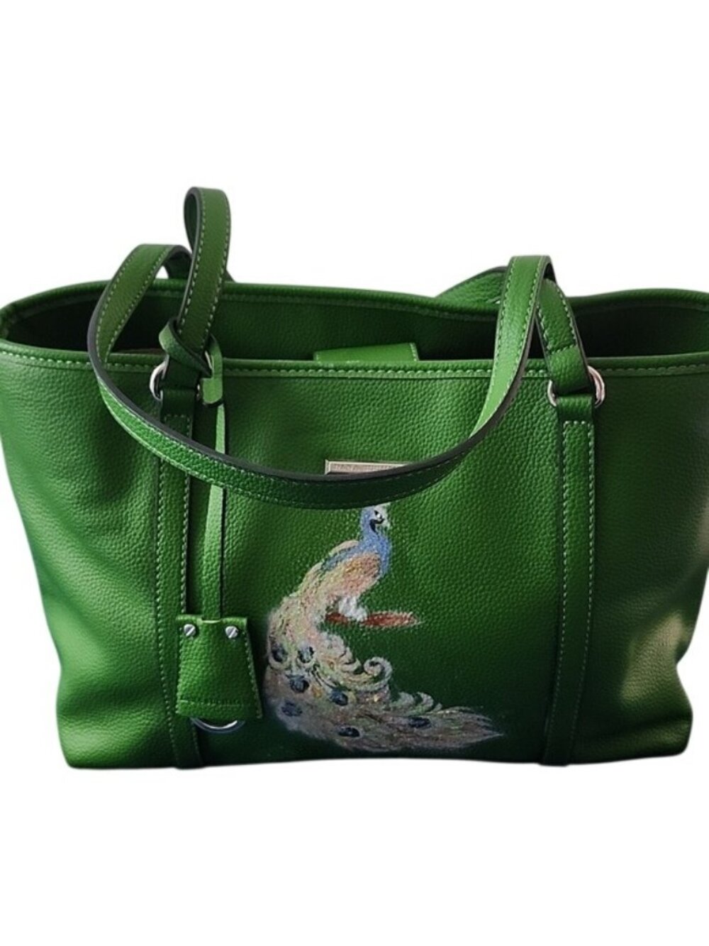 Dana Buchman Green Bella Tote with OOAK Peacock Bird Artwork